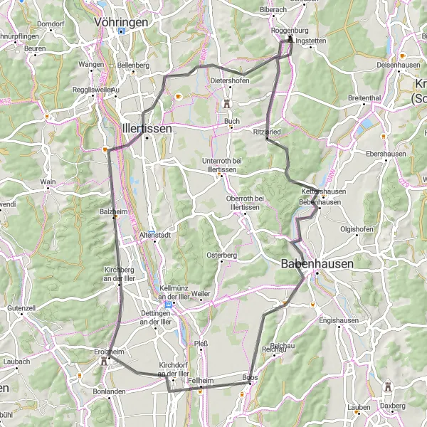 Map miniature of "Fellheim Discoveries" cycling inspiration in Schwaben, Germany. Generated by Tarmacs.app cycling route planner
