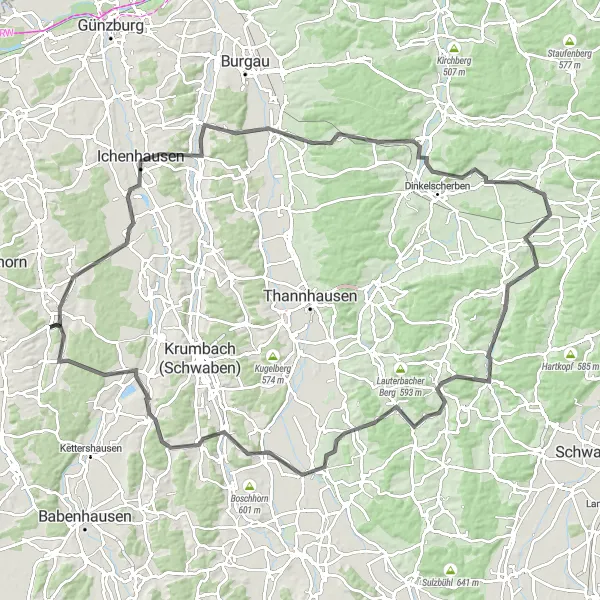 Karten-Miniaturansicht der Radinspiration "Historische Dörfer und grüne Hügel" in Schwaben, Germany. Erstellt vom Tarmacs.app-Routenplaner für Radtouren