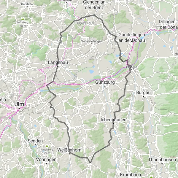 Map miniature of "Roggenburg to Holzheim" cycling inspiration in Schwaben, Germany. Generated by Tarmacs.app cycling route planner