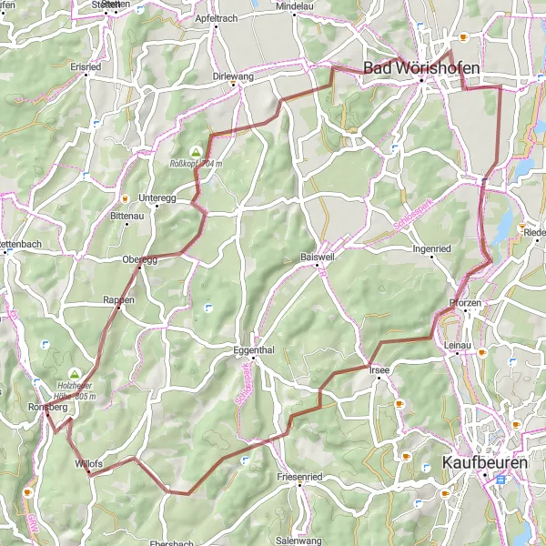 Karten-Miniaturansicht der Radinspiration "Gravel-Abenteuer um Ronsberg" in Schwaben, Germany. Erstellt vom Tarmacs.app-Routenplaner für Radtouren