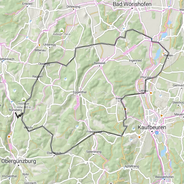 Karten-Miniaturansicht der Radinspiration "Panorama-Tour um Ronsberg" in Schwaben, Germany. Erstellt vom Tarmacs.app-Routenplaner für Radtouren