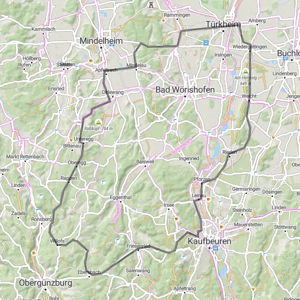 Karten-Miniaturansicht der Radinspiration "Herausfordernde Straßenroute um Ronsberg" in Schwaben, Germany. Erstellt vom Tarmacs.app-Routenplaner für Radtouren