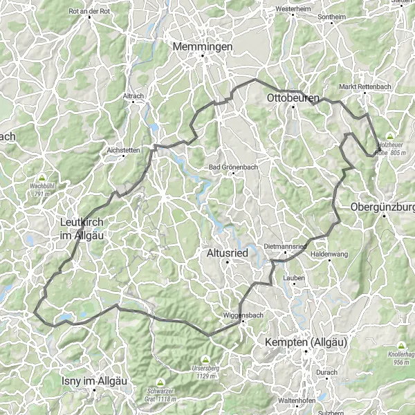 Karten-Miniaturansicht der Radinspiration "Allgäuer Panoramarunde" in Schwaben, Germany. Erstellt vom Tarmacs.app-Routenplaner für Radtouren