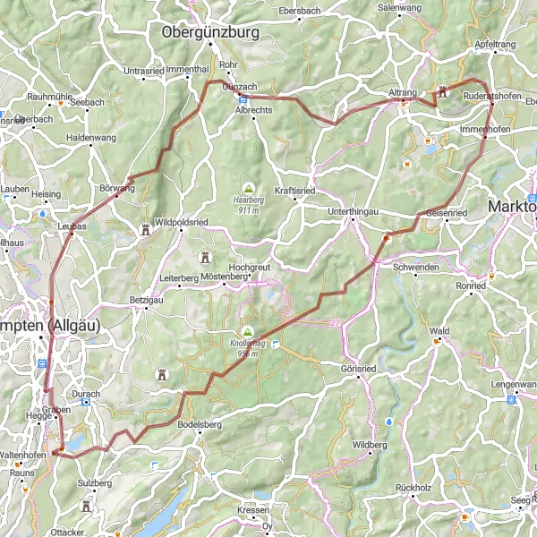 Map miniature of "Gravel Adventure" cycling inspiration in Schwaben, Germany. Generated by Tarmacs.app cycling route planner