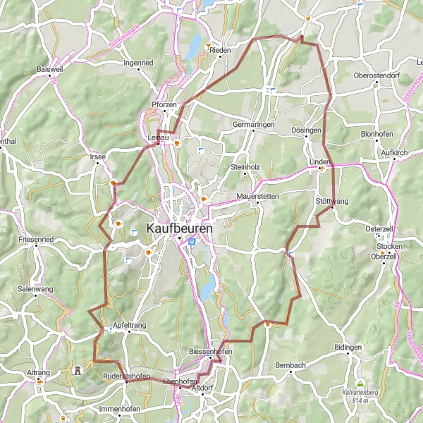 Map miniature of "Ruderatshofen Gravel Tour" cycling inspiration in Schwaben, Germany. Generated by Tarmacs.app cycling route planner