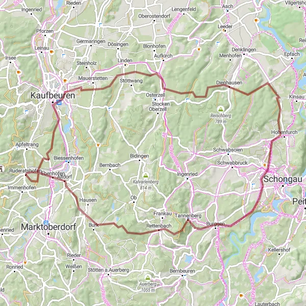 Map miniature of "Kaufbeuren Adventure" cycling inspiration in Schwaben, Germany. Generated by Tarmacs.app cycling route planner