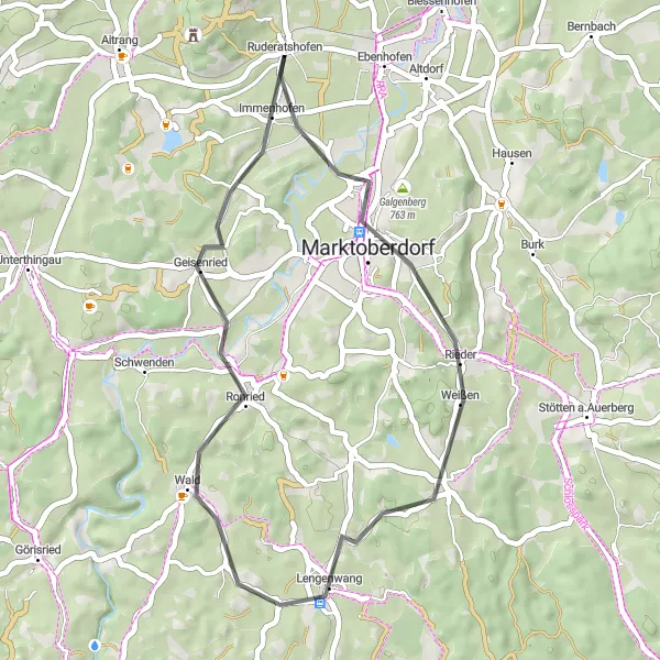 Map miniature of "Marktoberdorf Loop" cycling inspiration in Schwaben, Germany. Generated by Tarmacs.app cycling route planner