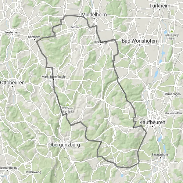 Map miniature of "Ronsberg Scenic Route" cycling inspiration in Schwaben, Germany. Generated by Tarmacs.app cycling route planner