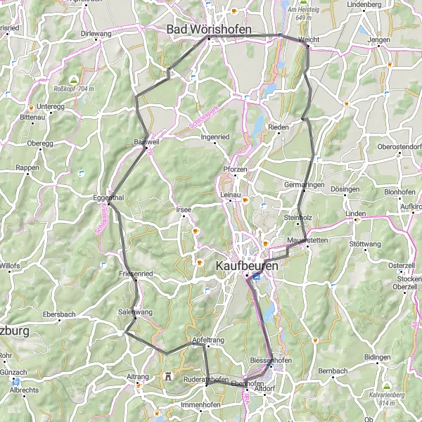 Map miniature of "Friesenried Road Loop" cycling inspiration in Schwaben, Germany. Generated by Tarmacs.app cycling route planner