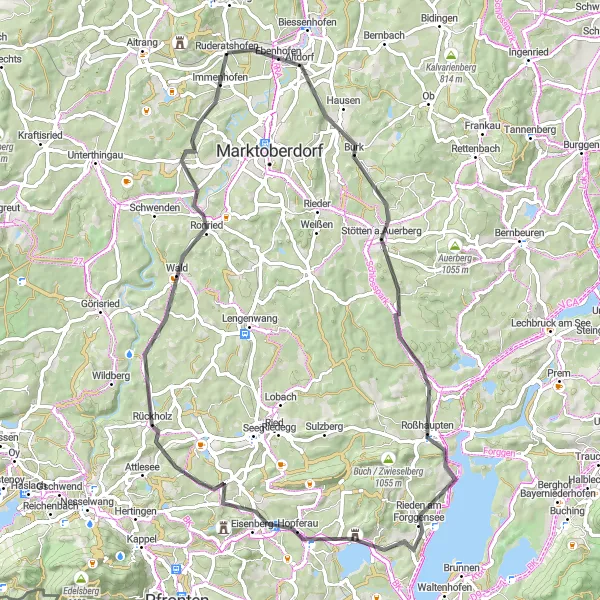 Map miniature of "Ruderatshofen Tour" cycling inspiration in Schwaben, Germany. Generated by Tarmacs.app cycling route planner
