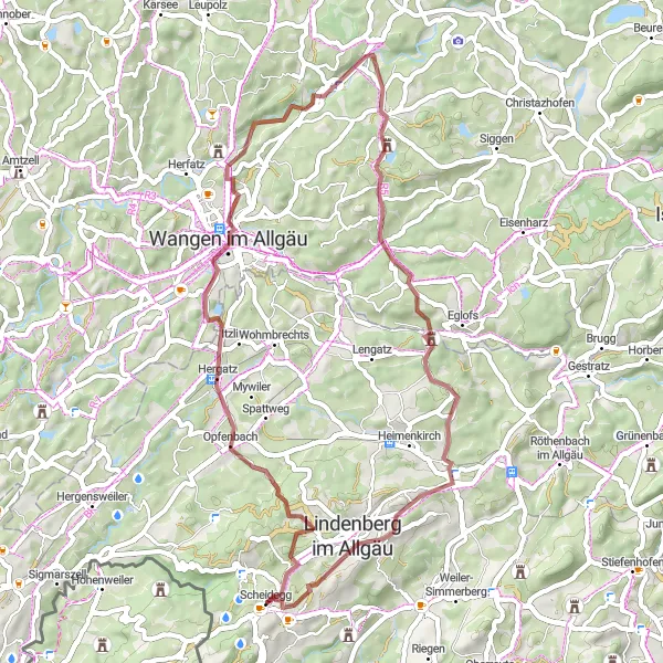 Map miniature of "The Borders and Heights of Schwaben" cycling inspiration in Schwaben, Germany. Generated by Tarmacs.app cycling route planner