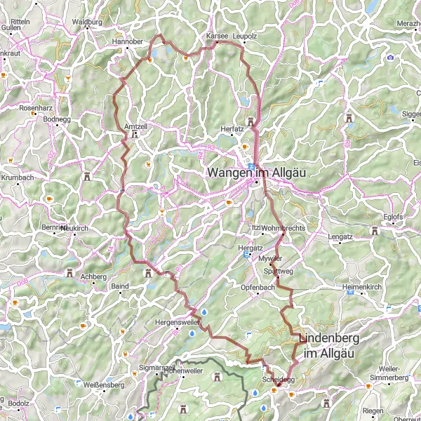 Map miniature of "Gravel Adventure to Ruine Prassberg" cycling inspiration in Schwaben, Germany. Generated by Tarmacs.app cycling route planner