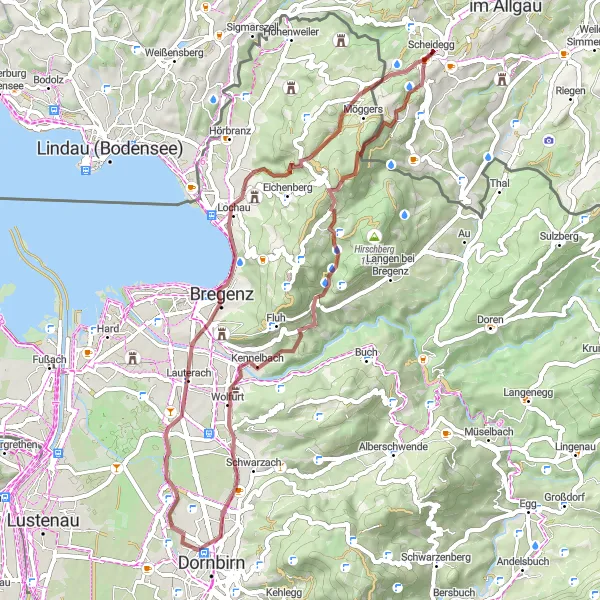 Map miniature of "Scenic Gravel Loop to Bregenz" cycling inspiration in Schwaben, Germany. Generated by Tarmacs.app cycling route planner