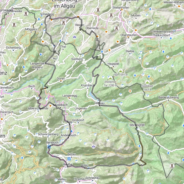 Map miniature of "Scheidegg to Weiler-Simmerberg Loop" cycling inspiration in Schwaben, Germany. Generated by Tarmacs.app cycling route planner