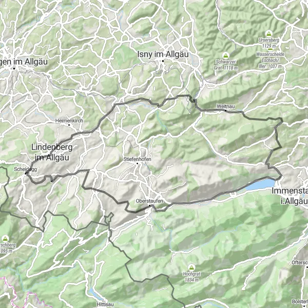 Map miniature of "Scheidegg to Alemannenschanze Turm Road Loop" cycling inspiration in Schwaben, Germany. Generated by Tarmacs.app cycling route planner