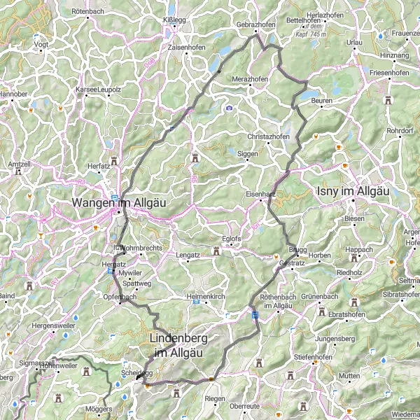 Karten-Miniaturansicht der Radinspiration "Wangen im Allgäu Rundtour" in Schwaben, Germany. Erstellt vom Tarmacs.app-Routenplaner für Radtouren