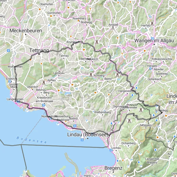 Karten-Miniaturansicht der Radinspiration "Rundweg von Scheidegg nach Lindau und zurück" in Schwaben, Germany. Erstellt vom Tarmacs.app-Routenplaner für Radtouren