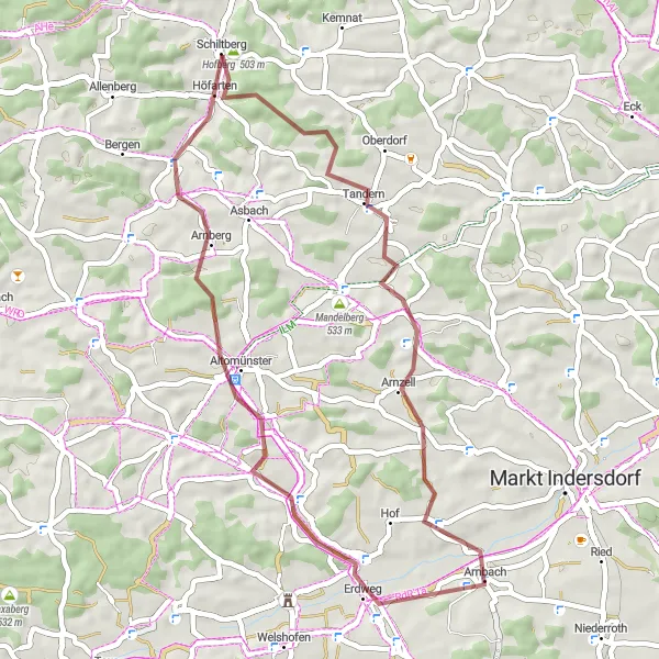 Map miniature of "Schiltberg to Haag Gravel Exploration" cycling inspiration in Schwaben, Germany. Generated by Tarmacs.app cycling route planner