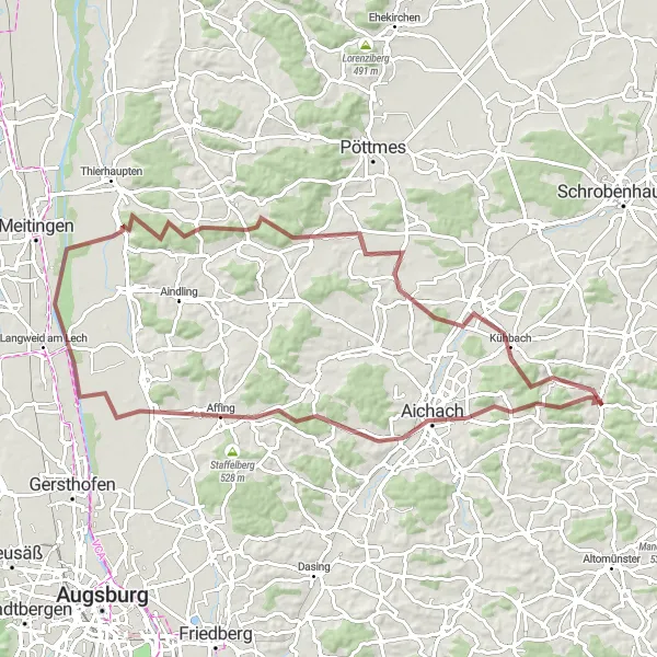 Map miniature of "Exploring Aichach and Rapperzell" cycling inspiration in Schwaben, Germany. Generated by Tarmacs.app cycling route planner