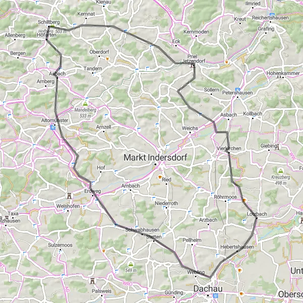 Map miniature of "Scenic Tour through Altomünster and Dachau" cycling inspiration in Schwaben, Germany. Generated by Tarmacs.app cycling route planner