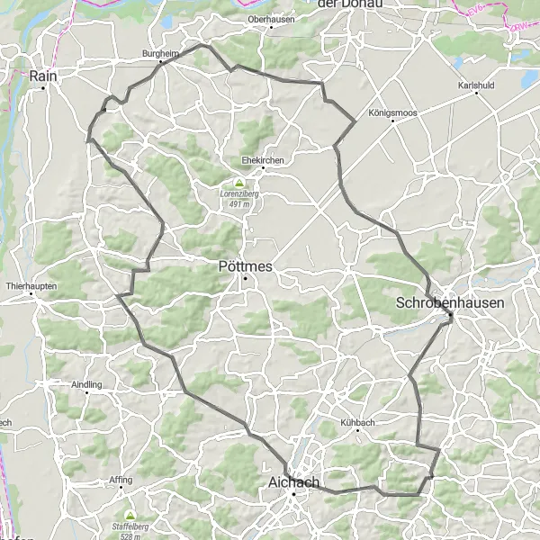 Map miniature of "Panoramic Ride to Rohrenfels and Gachenbach" cycling inspiration in Schwaben, Germany. Generated by Tarmacs.app cycling route planner