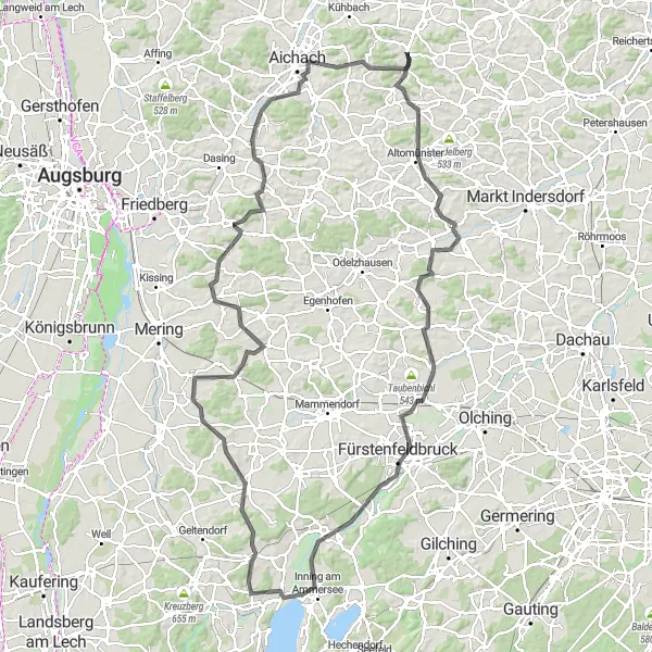 Map miniature of "Schiltberg to Ecknach Scenic Road Tour" cycling inspiration in Schwaben, Germany. Generated by Tarmacs.app cycling route planner