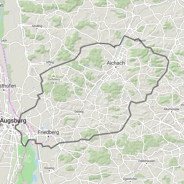 Map miniature of "Schiltberg to Kühbach Countryside Road Trip" cycling inspiration in Schwaben, Germany. Generated by Tarmacs.app cycling route planner