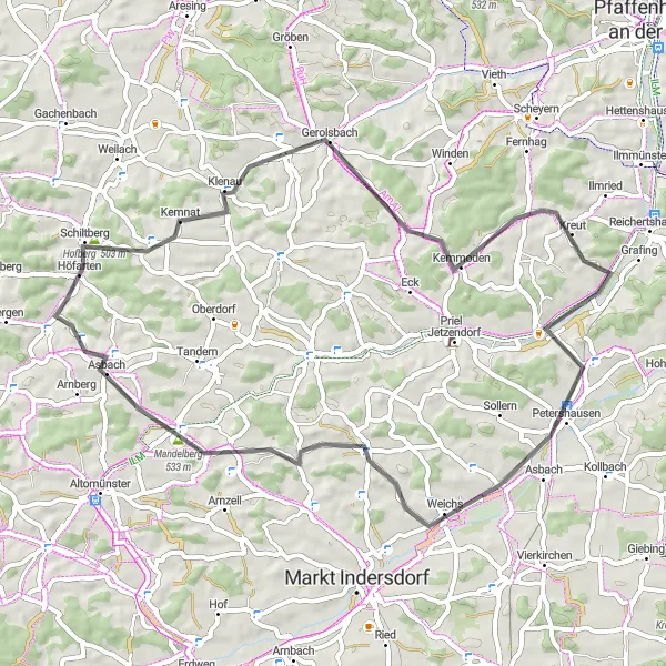 Map miniature of "Schiltberg to Aufhausen Scenic Road Loop" cycling inspiration in Schwaben, Germany. Generated by Tarmacs.app cycling route planner