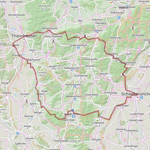 Map miniature of "Gravel Adventure: Herrgottsberg Loop" cycling inspiration in Schwaben, Germany. Generated by Tarmacs.app cycling route planner