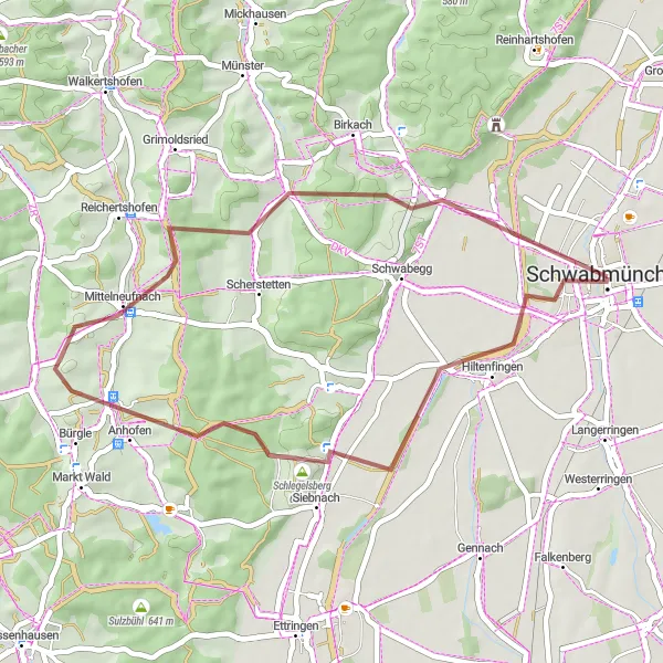 Karten-Miniaturansicht der Radinspiration "Gravel Route um Schwabmünchen" in Schwaben, Germany. Erstellt vom Tarmacs.app-Routenplaner für Radtouren