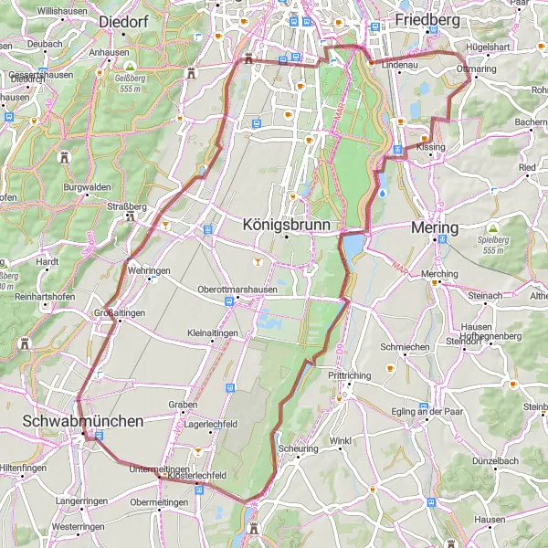 Map miniature of "The Großaitingen Gravel Adventure" cycling inspiration in Schwaben, Germany. Generated by Tarmacs.app cycling route planner