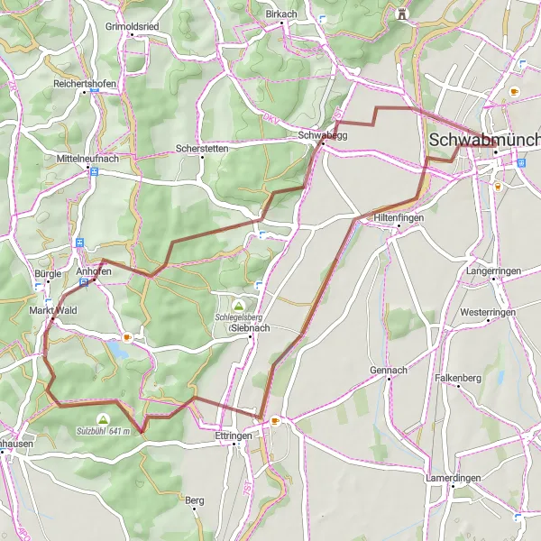 Map miniature of "Gravel Adventure around Schwabmünchen" cycling inspiration in Schwaben, Germany. Generated by Tarmacs.app cycling route planner