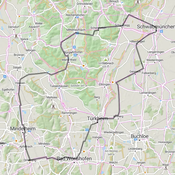 Map miniature of "The Mindelheim Loop" cycling inspiration in Schwaben, Germany. Generated by Tarmacs.app cycling route planner