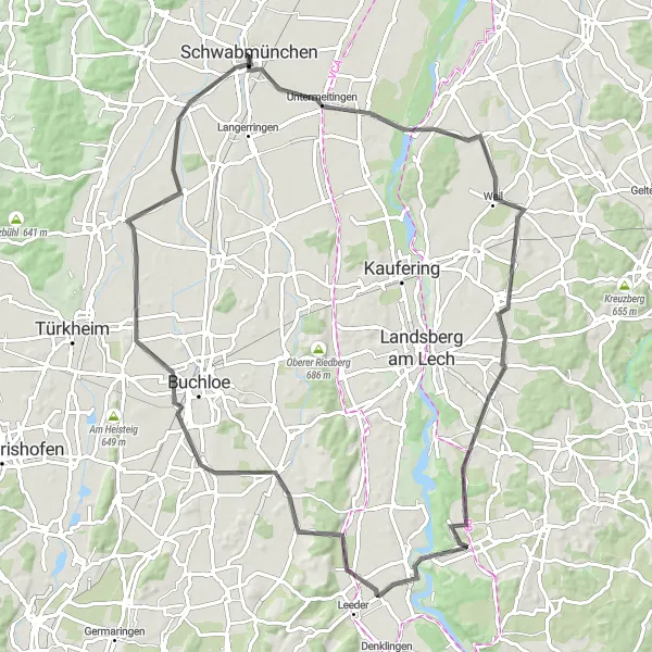 Map miniature of "The Untermeitingen Adventure" cycling inspiration in Schwaben, Germany. Generated by Tarmacs.app cycling route planner