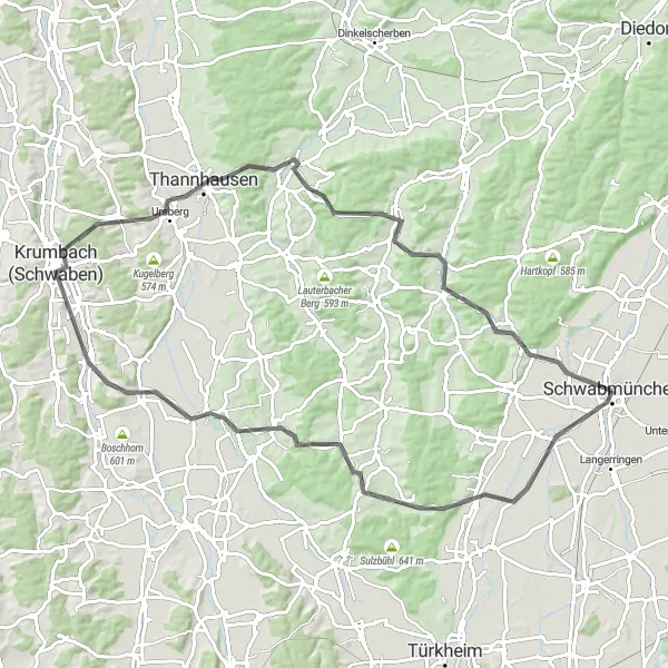 Map miniature of "From Schwabmünchen to Mickhausen" cycling inspiration in Schwaben, Germany. Generated by Tarmacs.app cycling route planner