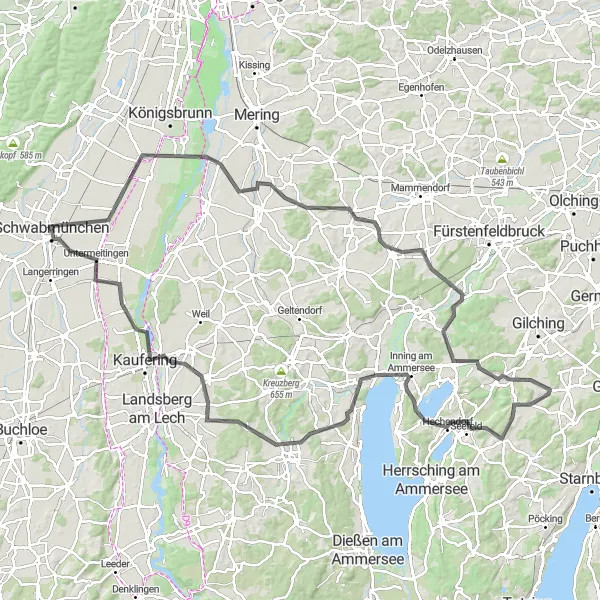 Map miniature of "The Ammersee Beauty Ride" cycling inspiration in Schwaben, Germany. Generated by Tarmacs.app cycling route planner
