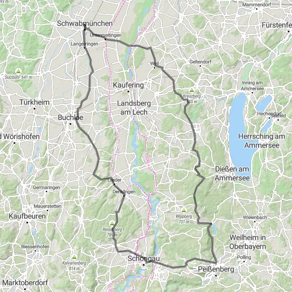 Map miniature of "Untermeitingen to Lexe" cycling inspiration in Schwaben, Germany. Generated by Tarmacs.app cycling route planner