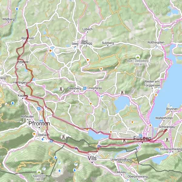 Map miniature of "Scenic Gravel Ride around Füssen" cycling inspiration in Schwaben, Germany. Generated by Tarmacs.app cycling route planner