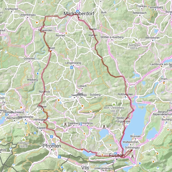 Map miniature of "Views of the Allgäu" cycling inspiration in Schwaben, Germany. Generated by Tarmacs.app cycling route planner
