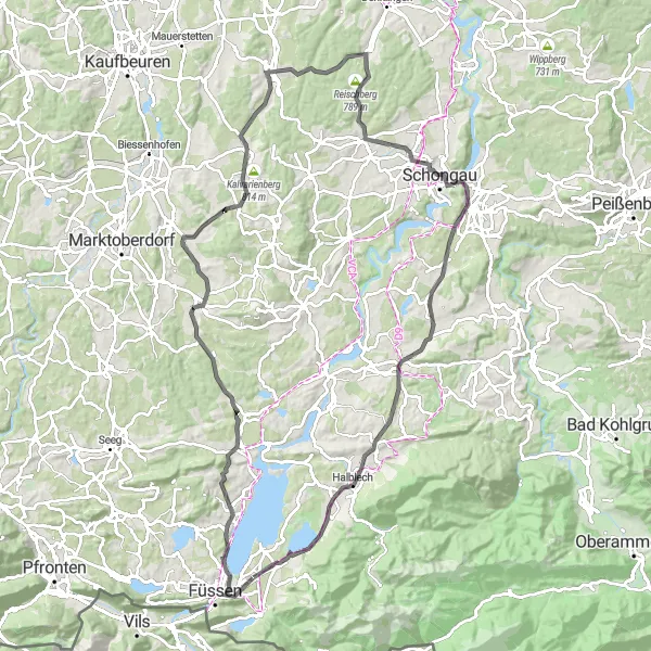 Map miniature of "Exploring the Bavarian Countryside" cycling inspiration in Schwaben, Germany. Generated by Tarmacs.app cycling route planner