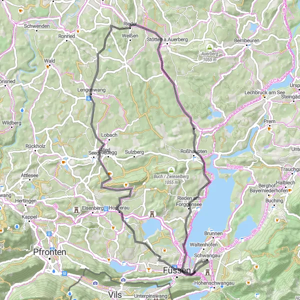 Karten-Miniaturansicht der Radinspiration "Schloss Hopferau und Aussichtspunkte" in Schwaben, Germany. Erstellt vom Tarmacs.app-Routenplaner für Radtouren