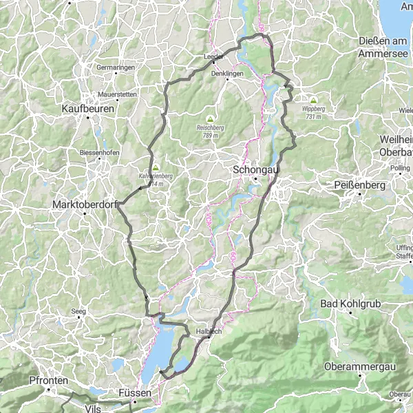 Map miniature of "Challenging Cycling Adventure in Schwaben" cycling inspiration in Schwaben, Germany. Generated by Tarmacs.app cycling route planner