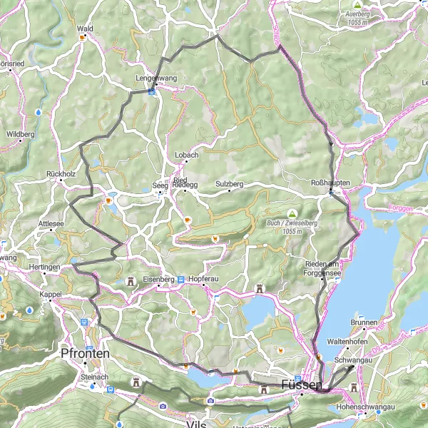 Karten-Miniaturansicht der Radinspiration "Rund um Forggensee" in Schwaben, Germany. Erstellt vom Tarmacs.app-Routenplaner für Radtouren