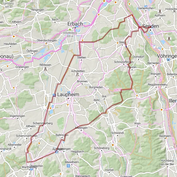 Map miniature of "Ulm Loop" cycling inspiration in Schwaben, Germany. Generated by Tarmacs.app cycling route planner