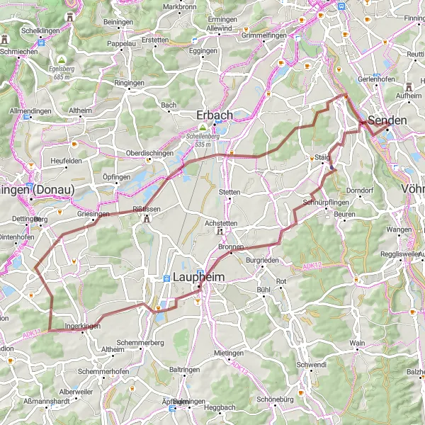 Map miniature of "Hidden Treasures" cycling inspiration in Schwaben, Germany. Generated by Tarmacs.app cycling route planner