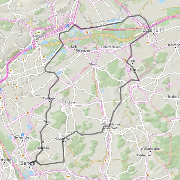 Map miniature of "Burlafingen Loop" cycling inspiration in Schwaben, Germany. Generated by Tarmacs.app cycling route planner