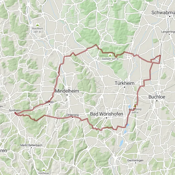 Karten-Miniaturansicht der Radinspiration "Ausgedehnte Graveltour durch Helchenried und Hochfirst" in Schwaben, Germany. Erstellt vom Tarmacs.app-Routenplaner für Radtouren