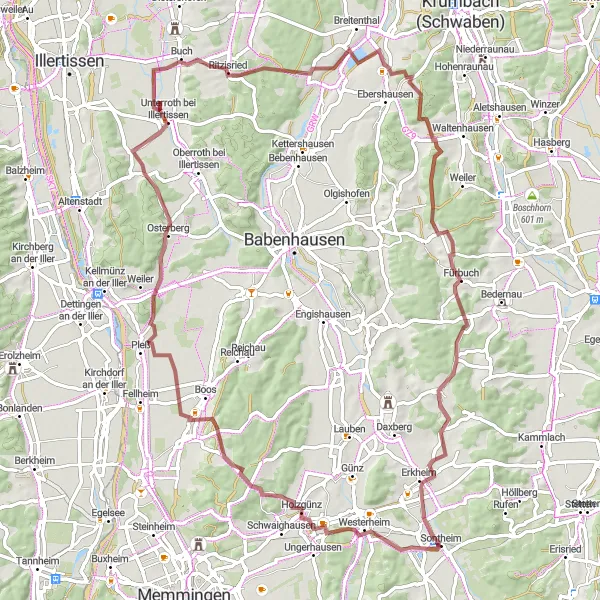 Map miniature of "Schwaben Gravel Adventure" cycling inspiration in Schwaben, Germany. Generated by Tarmacs.app cycling route planner