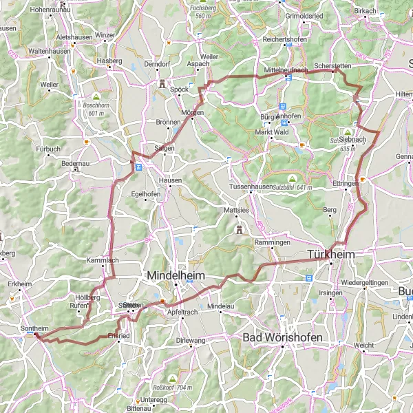 Karten-Miniaturansicht der Radinspiration "Wideregg und Gernstall Gravel Rundfahrt" in Schwaben, Germany. Erstellt vom Tarmacs.app-Routenplaner für Radtouren
