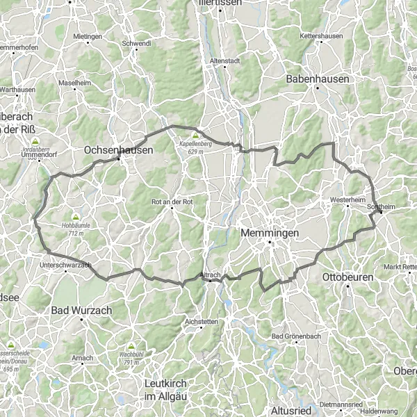 Map miniature of "Hilltops and Valleys Road Trip" cycling inspiration in Schwaben, Germany. Generated by Tarmacs.app cycling route planner